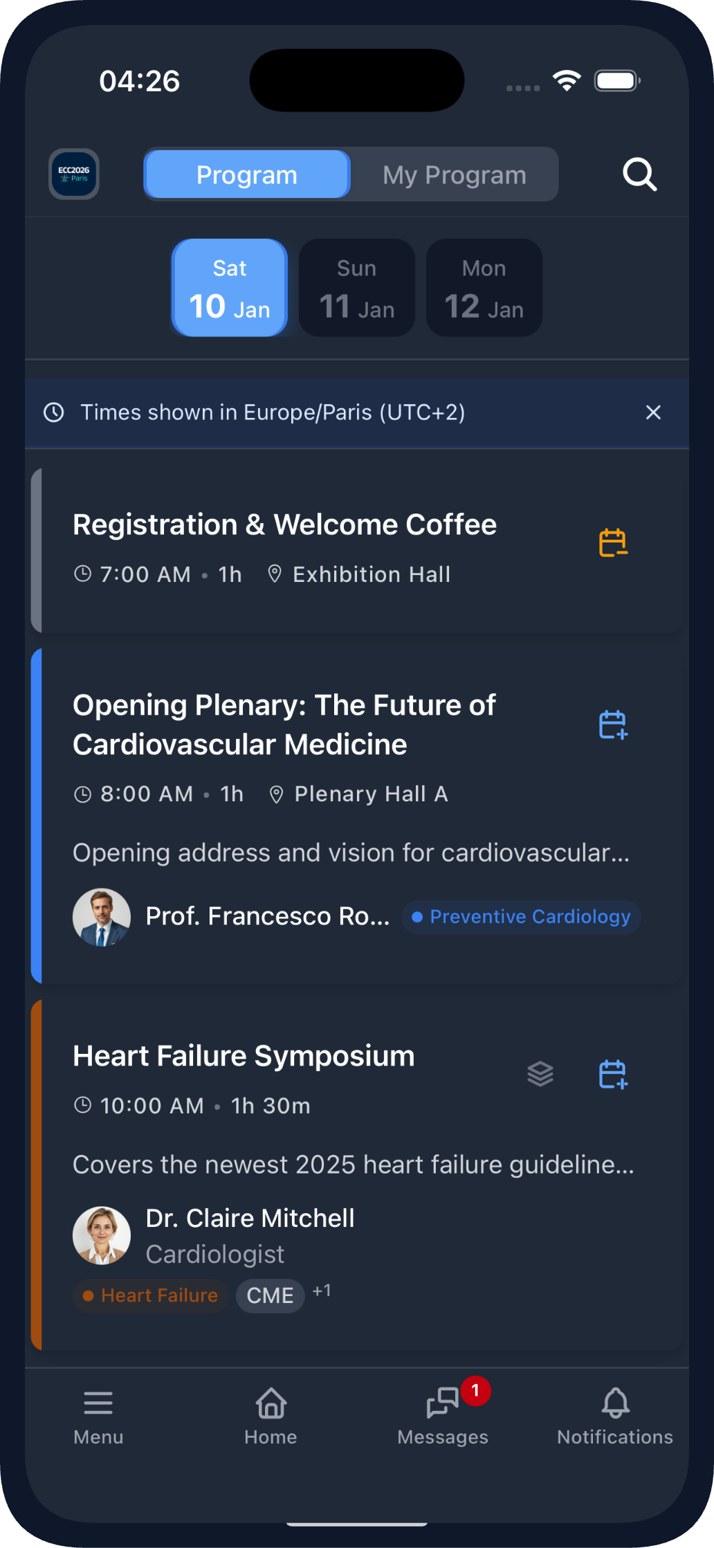 Schedule View in the Mobile App (dark theme)