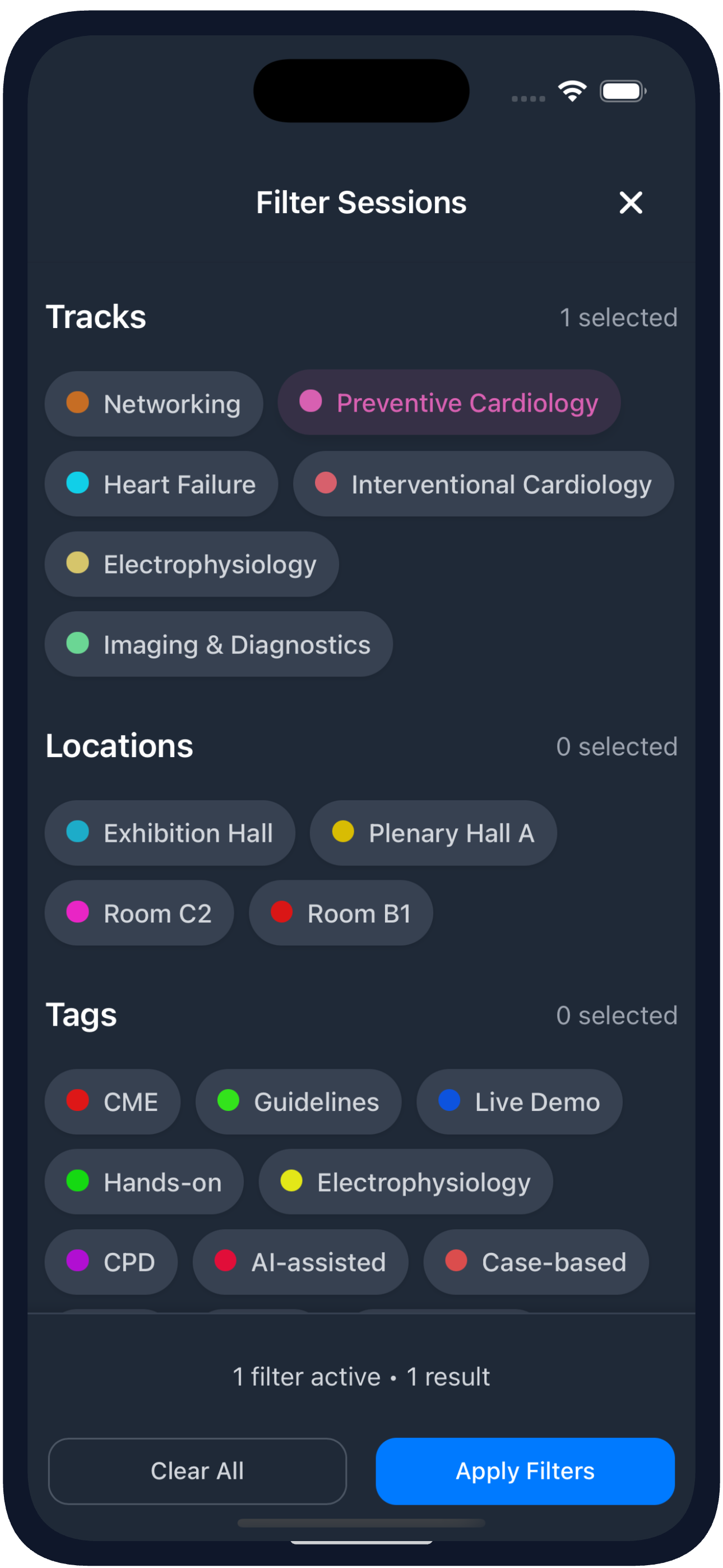 Filter Sessions by Track, Location and Tag in the Mobile App (dark theme)