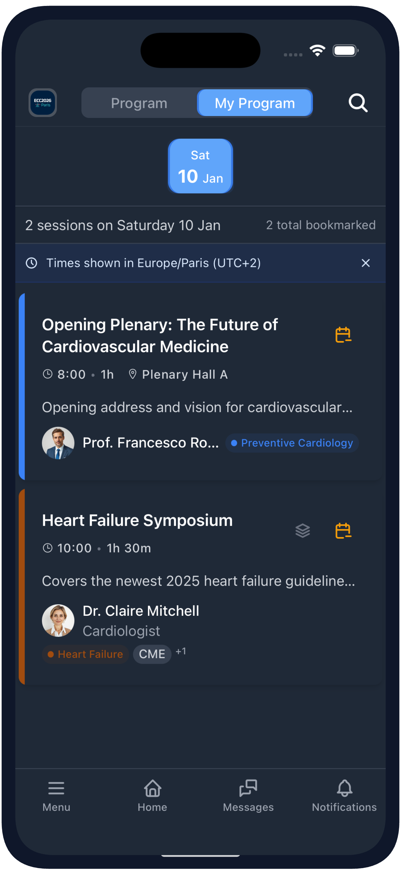 My Program Personal Schedule in the Mobile App (dark theme)