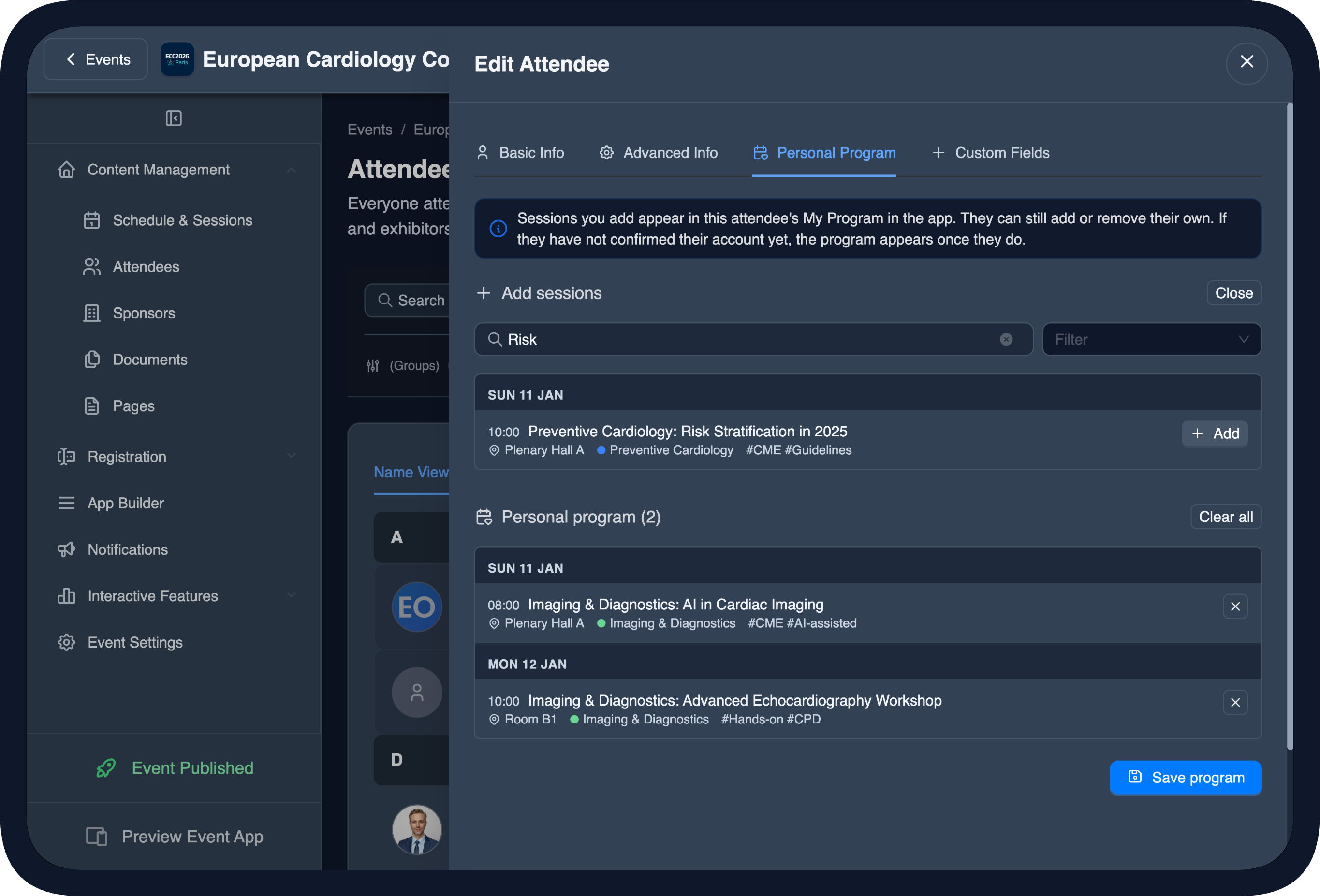 Setting an Attendee Personal Program in the CMS (dark theme)
