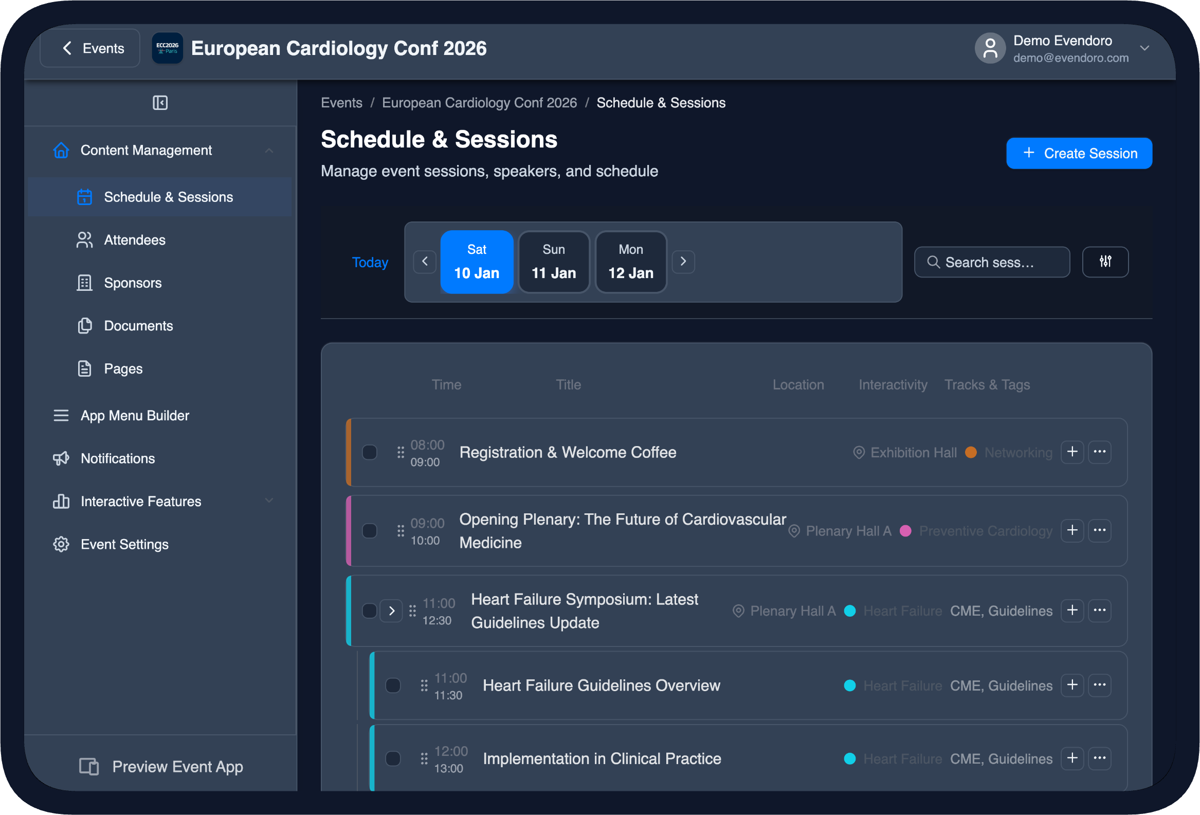 Agenda Management in the CMS (dark theme)