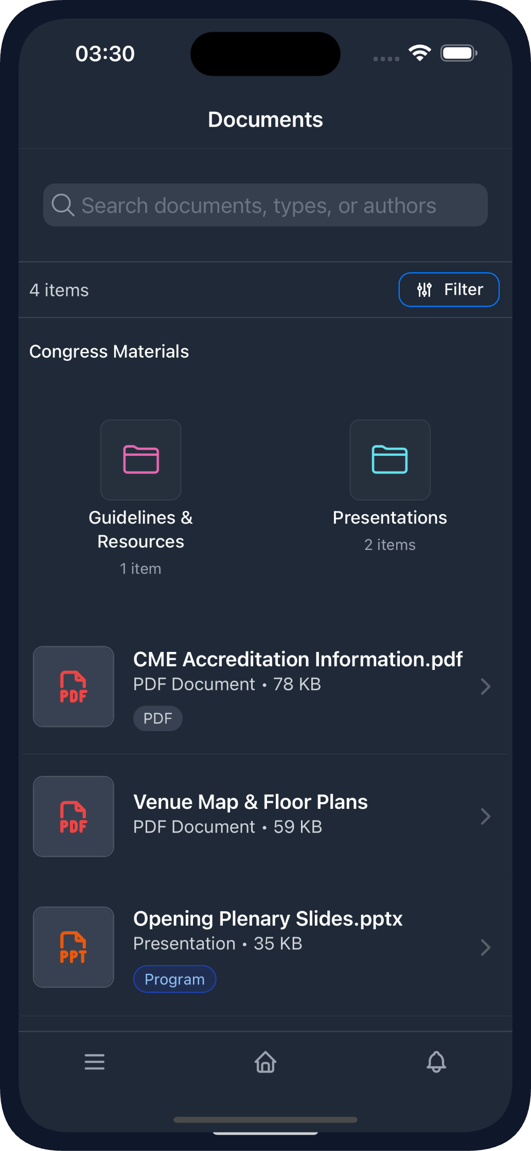 Documents View in the Mobile App (dark theme)