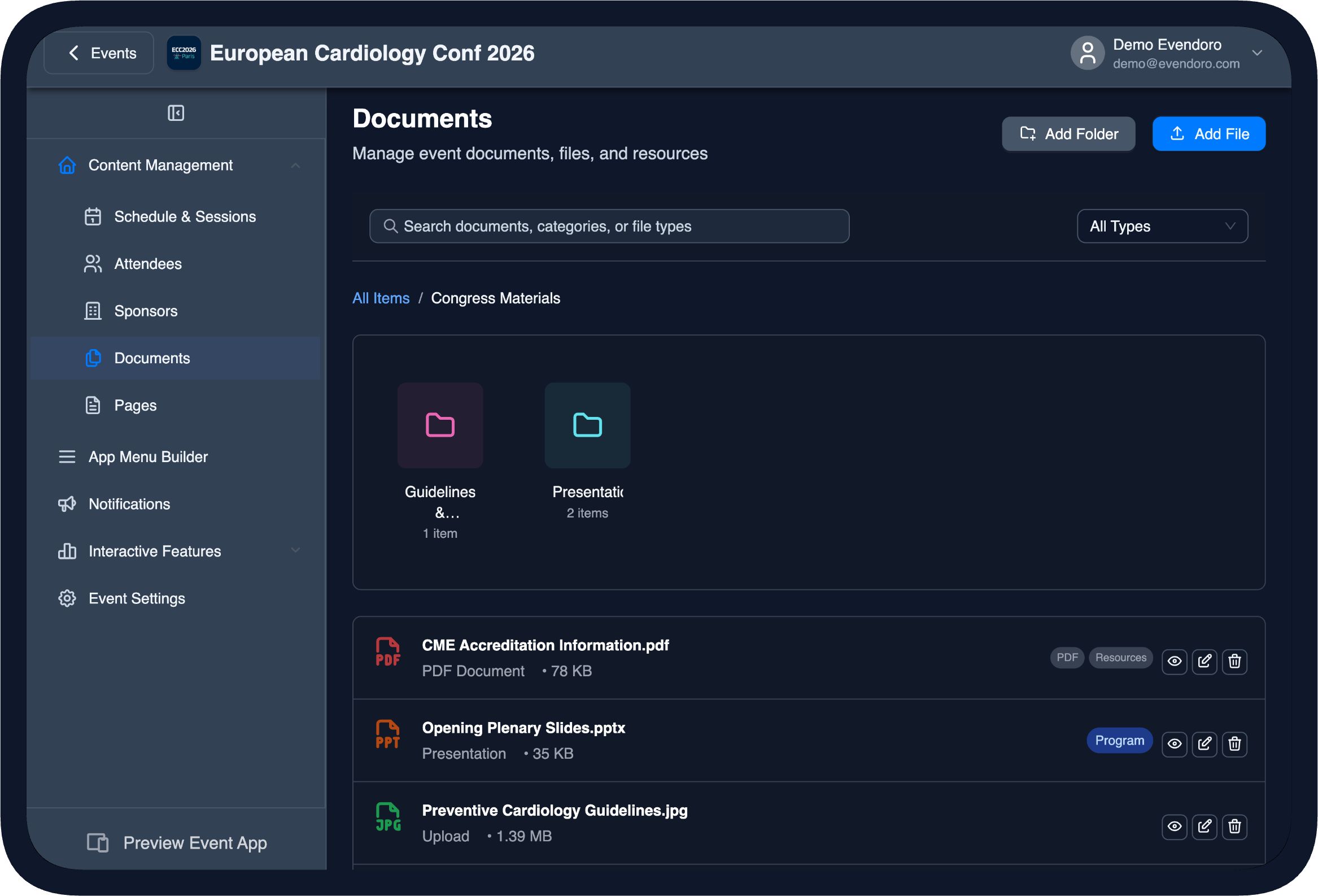 Documents Management in the CMS (dark theme)