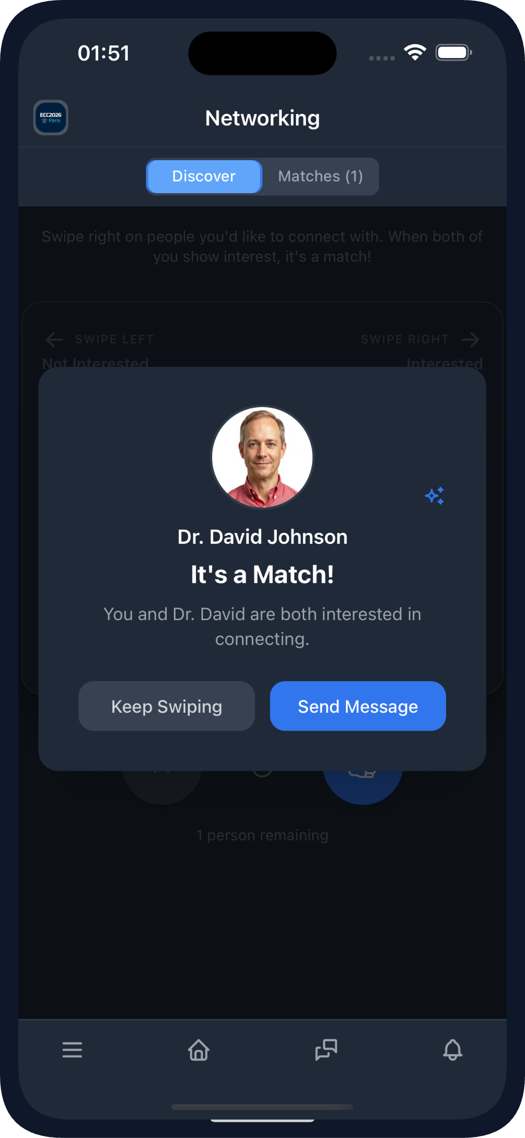 AI Matchmaking Mutual Match in the Mobile App (dark theme)