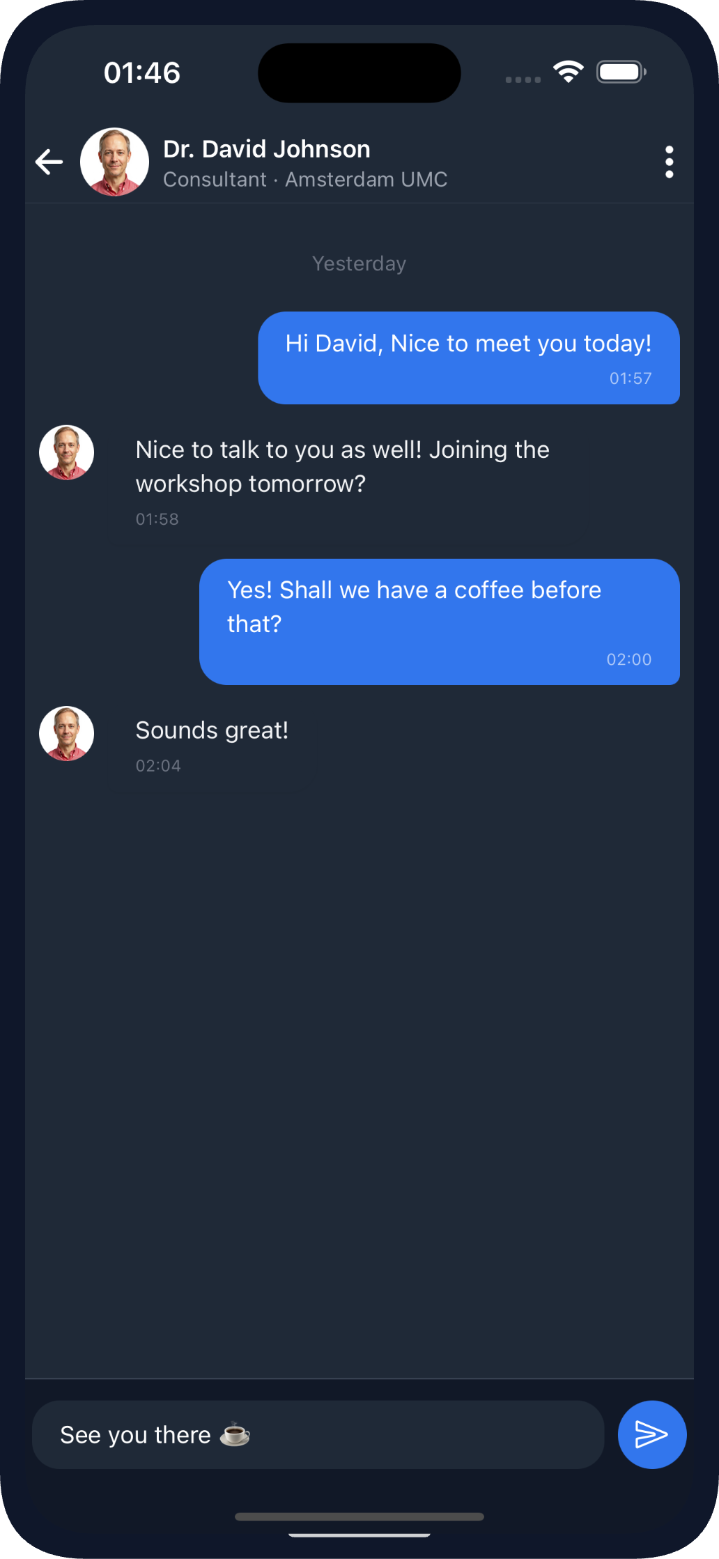 Messaging in the Mobile App (dark theme)