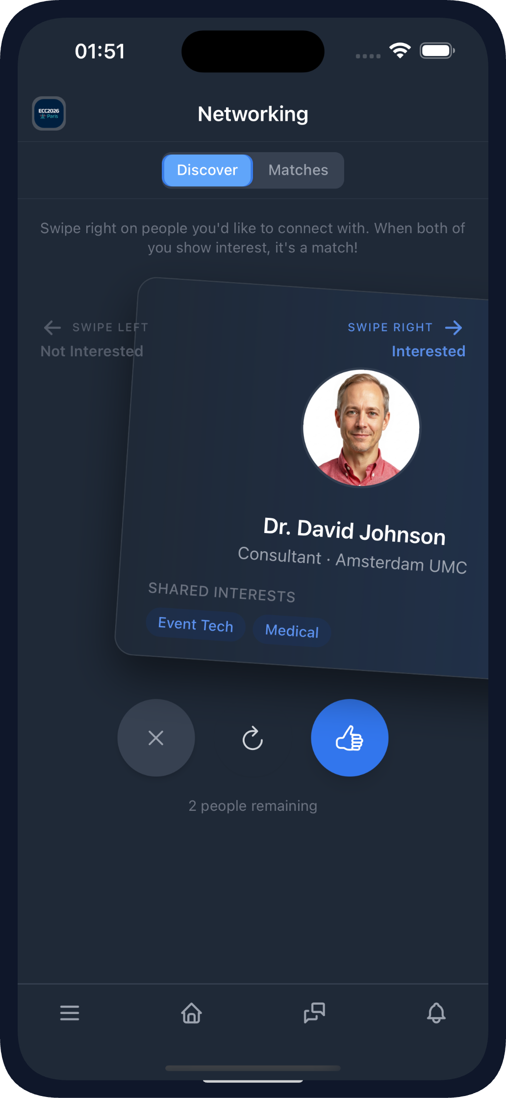 AI Matchmaking Swipe in the Mobile App (dark theme)