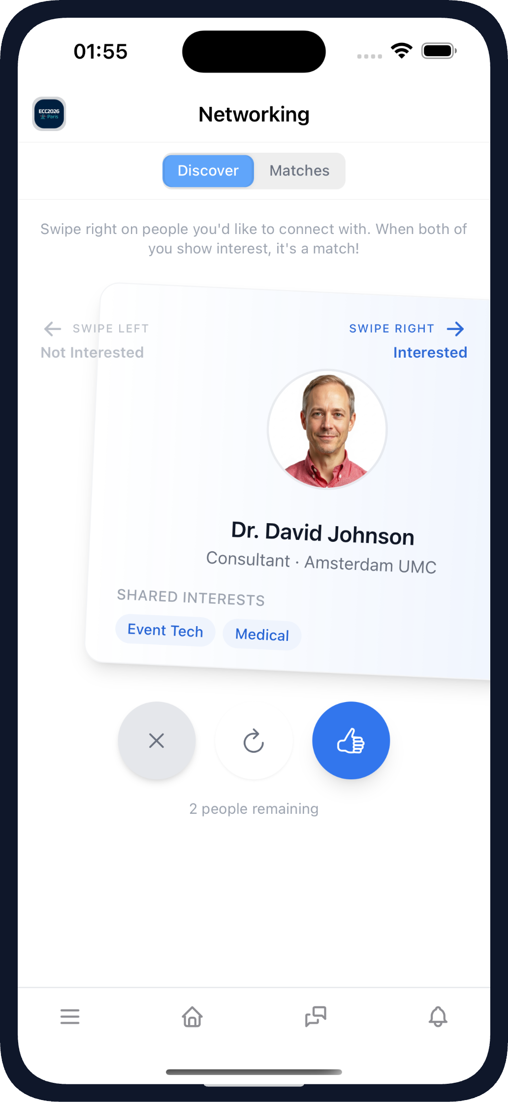 AI matchmaking swipe view in the Evendoro event app