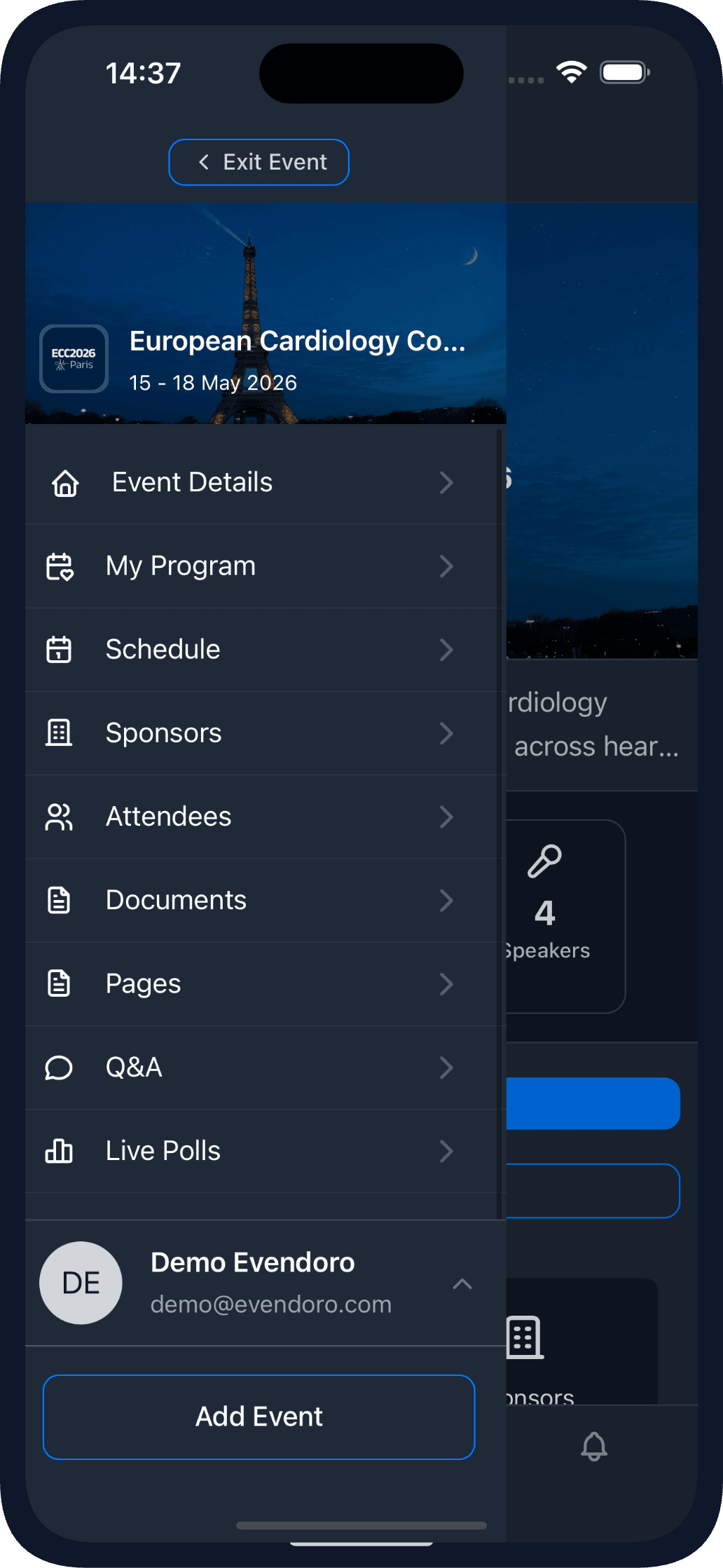 Menu View in the Mobile App (dark theme)
