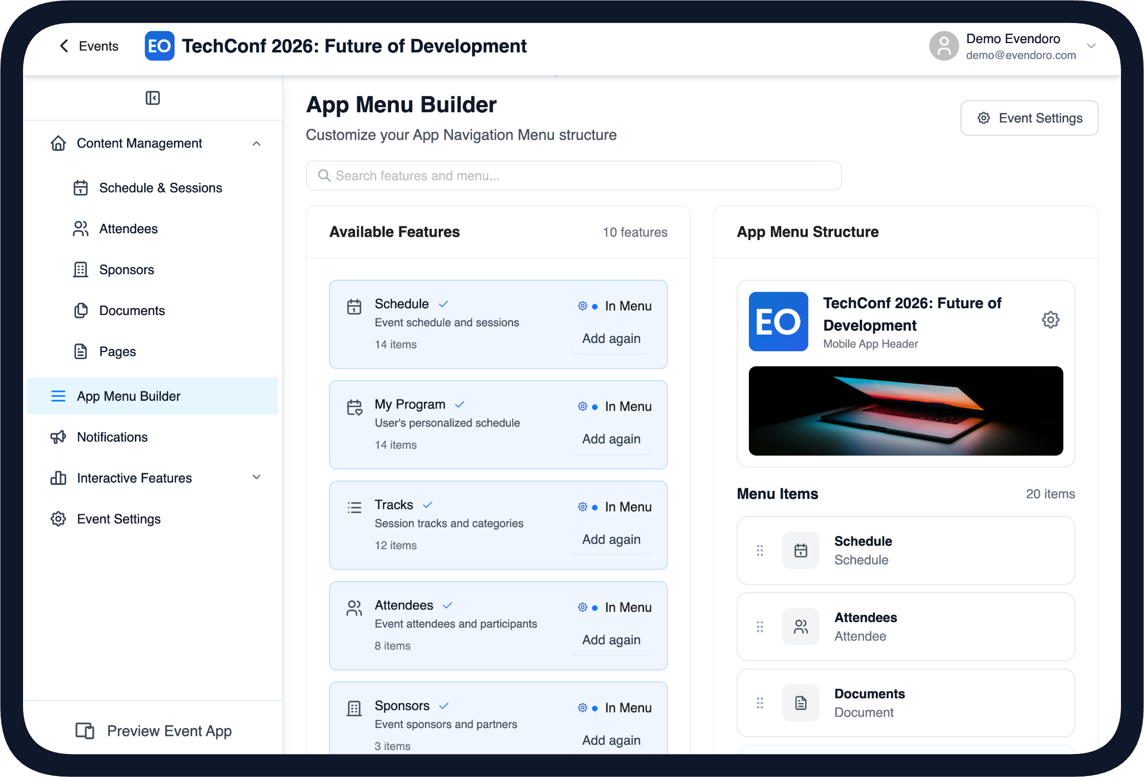 App menu builder with live preview in the Evendoro CMS