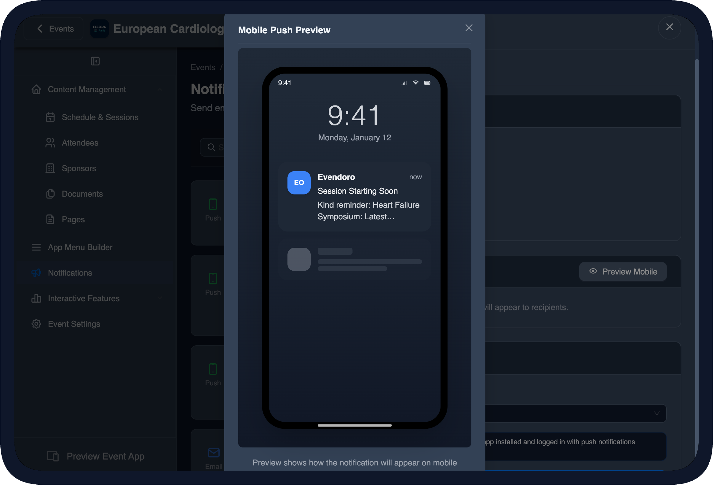 Push Notification Preview in the CMS (dark theme)