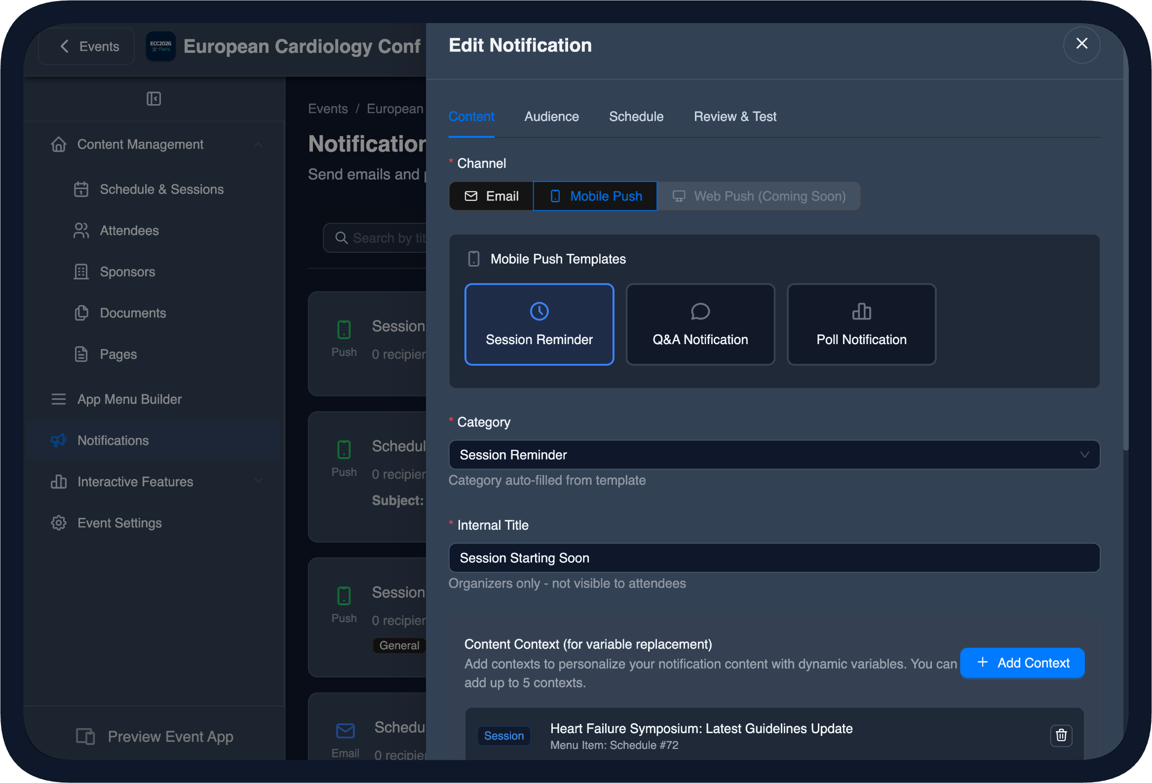 Email Notifications Management in the CMS (dark theme)