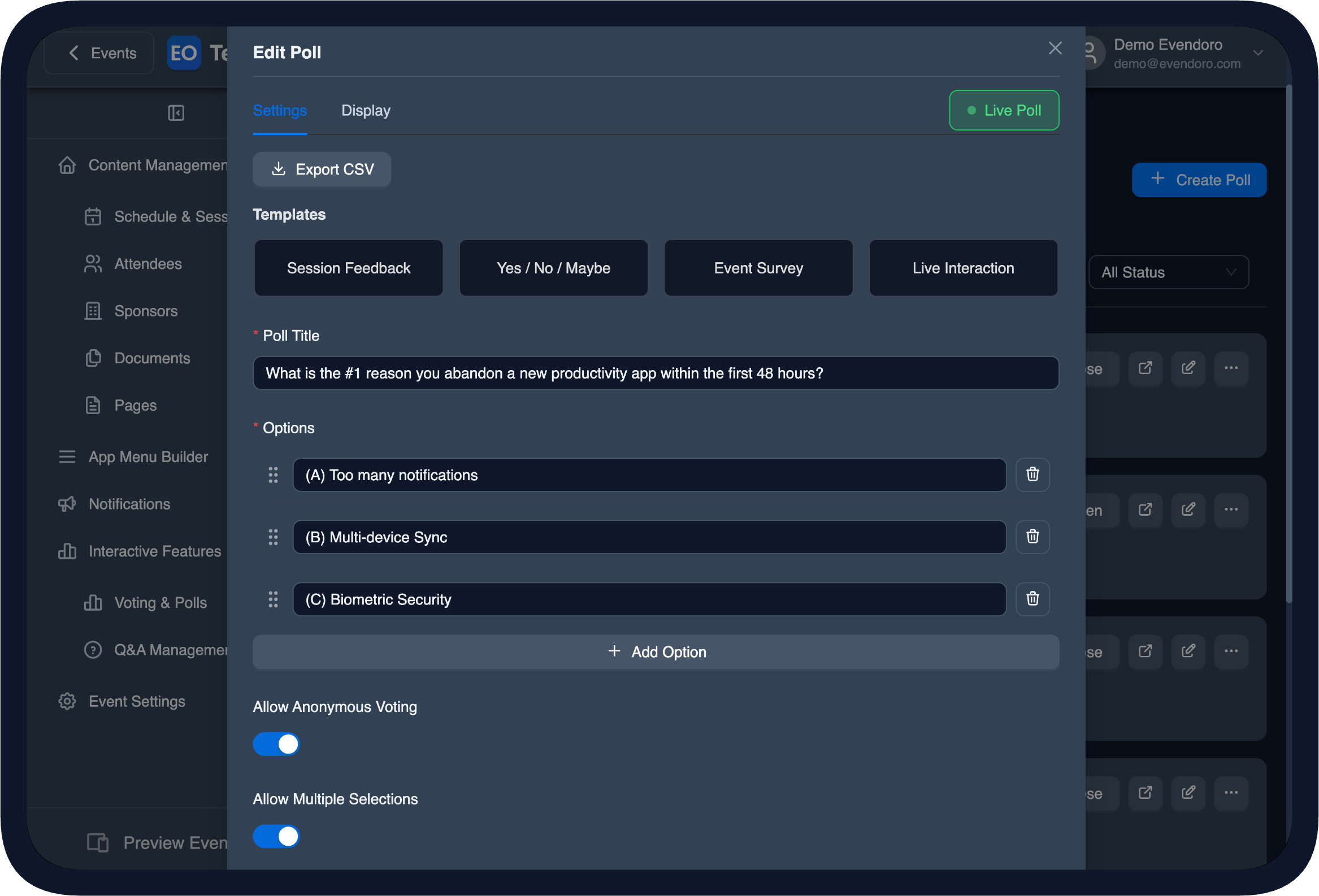 Poll Management in the CMS (dark theme)