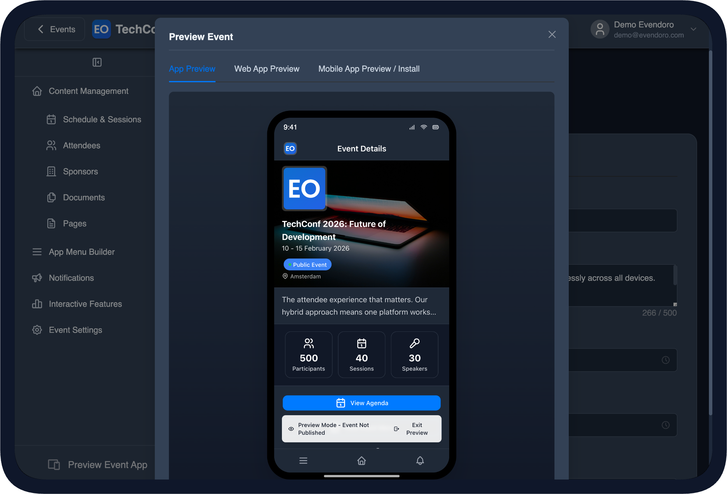 Preview Event in the CMS (dark theme)
