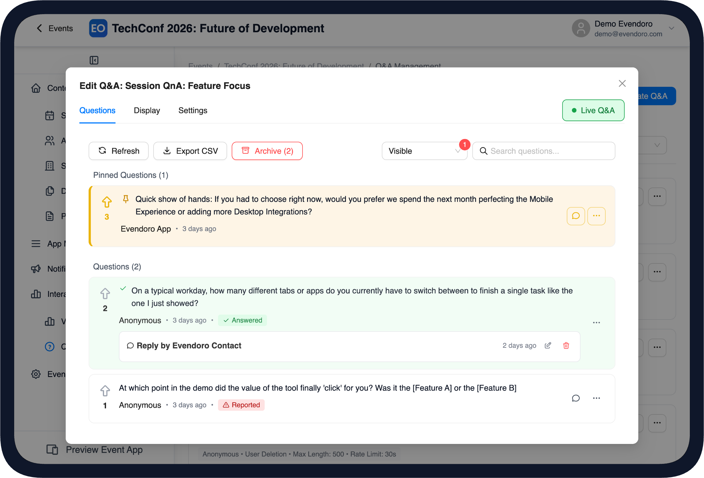 Live Q&A moderation in the Evendoro CMS