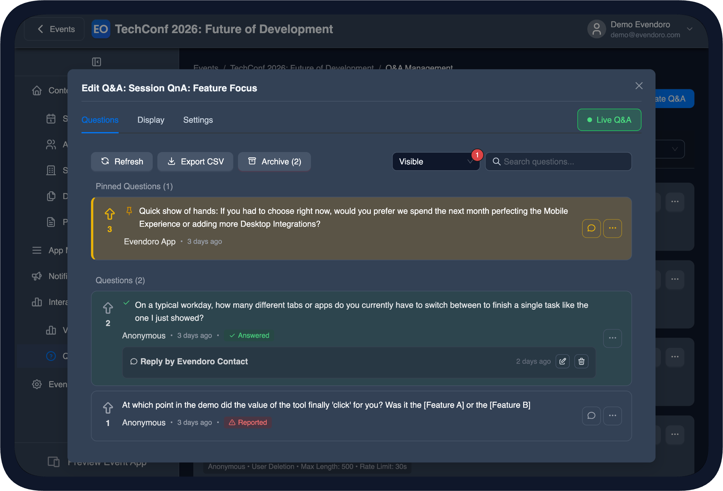 Q&A Management in the CMS (dark theme)