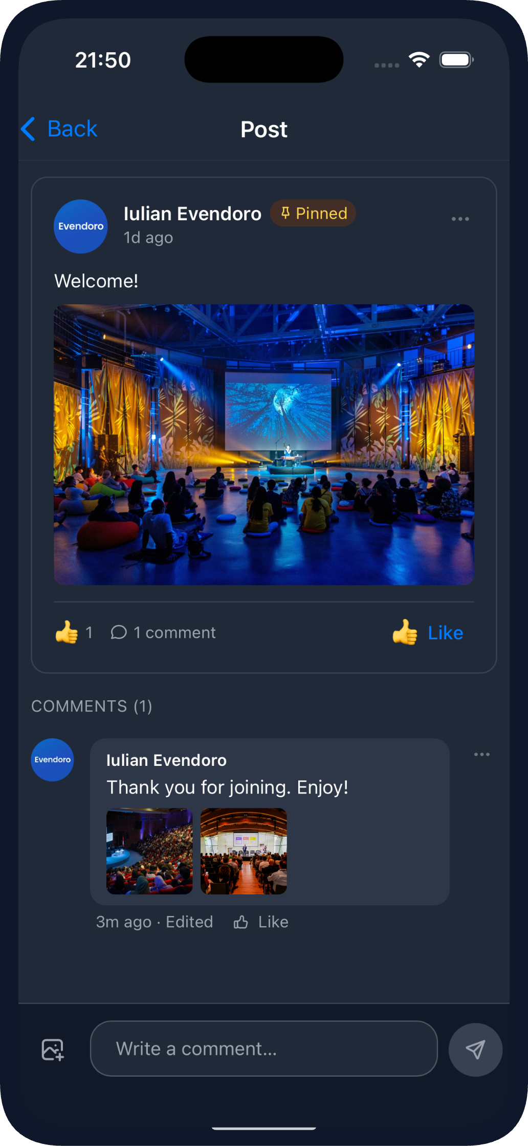 Social Wall Comments in the Mobile App (dark theme)