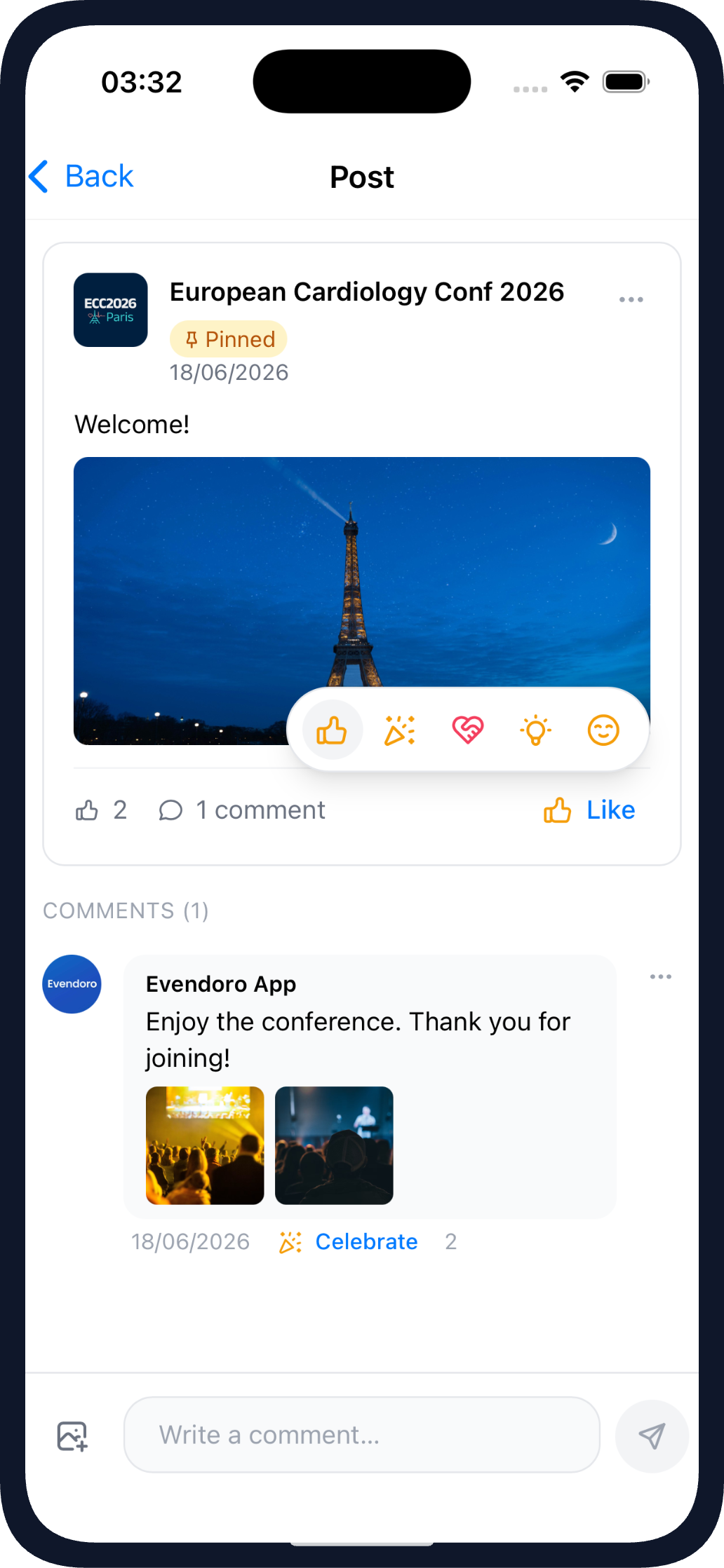 A pinned welcome post on the Evendoro Social Wall