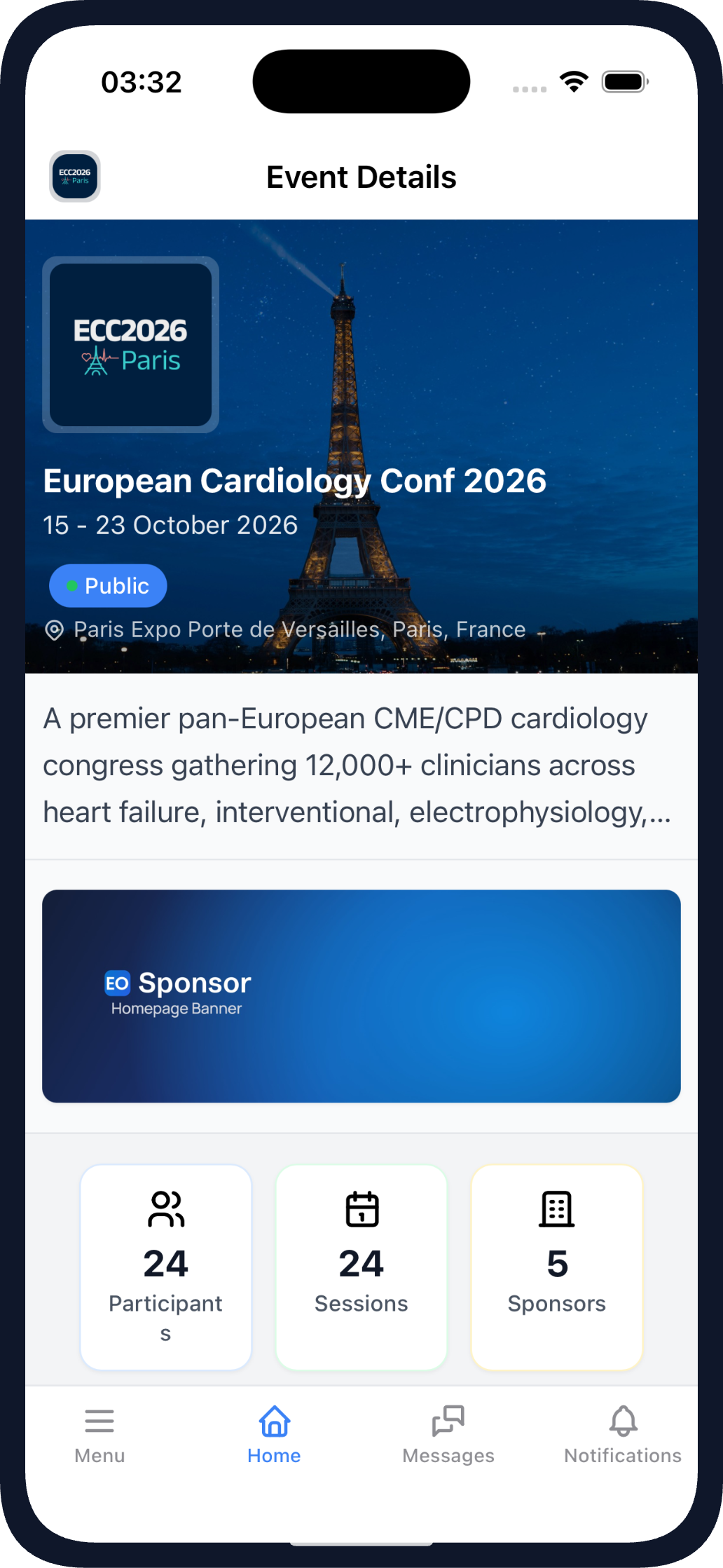 Sponsor banner on the event home in the Evendoro app