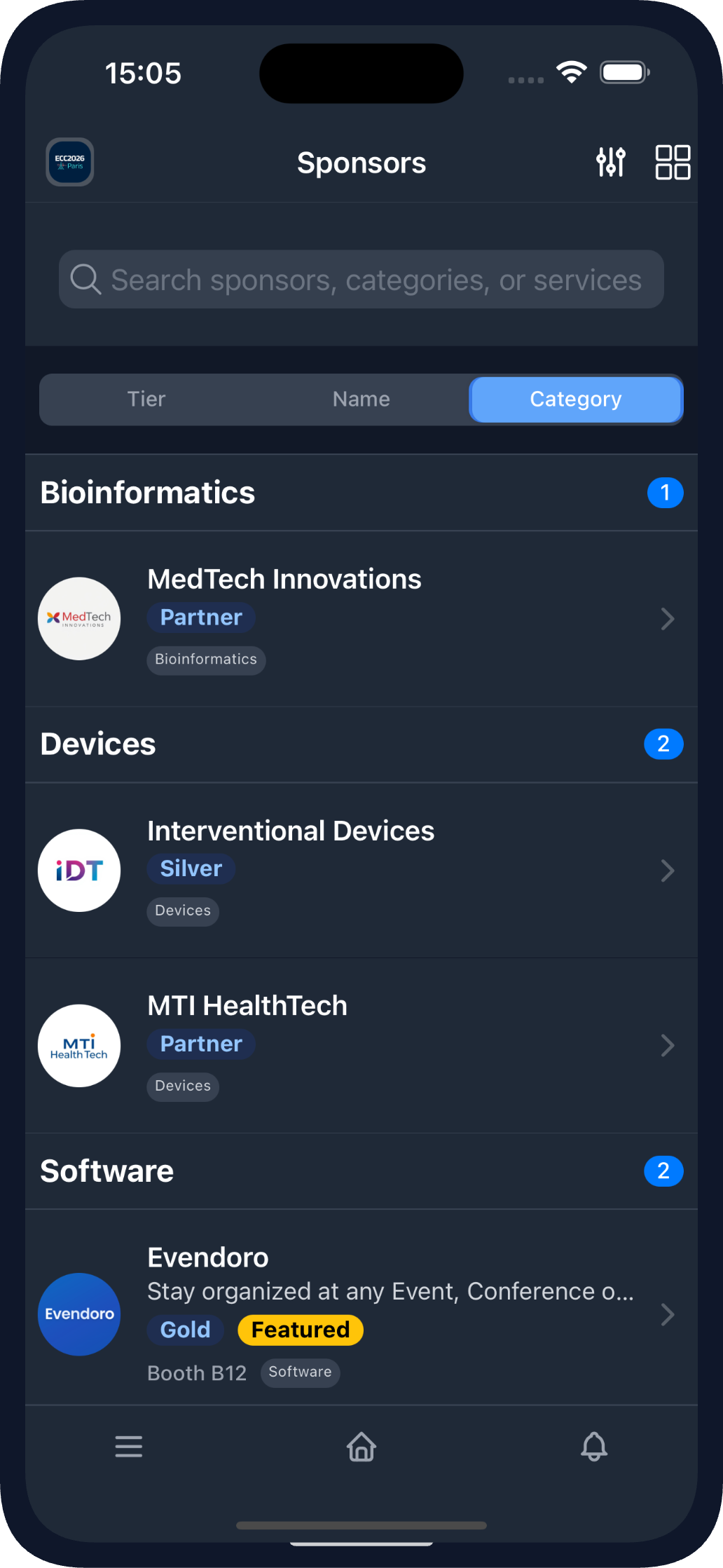 Sponsors View in the Mobile App (dark theme)