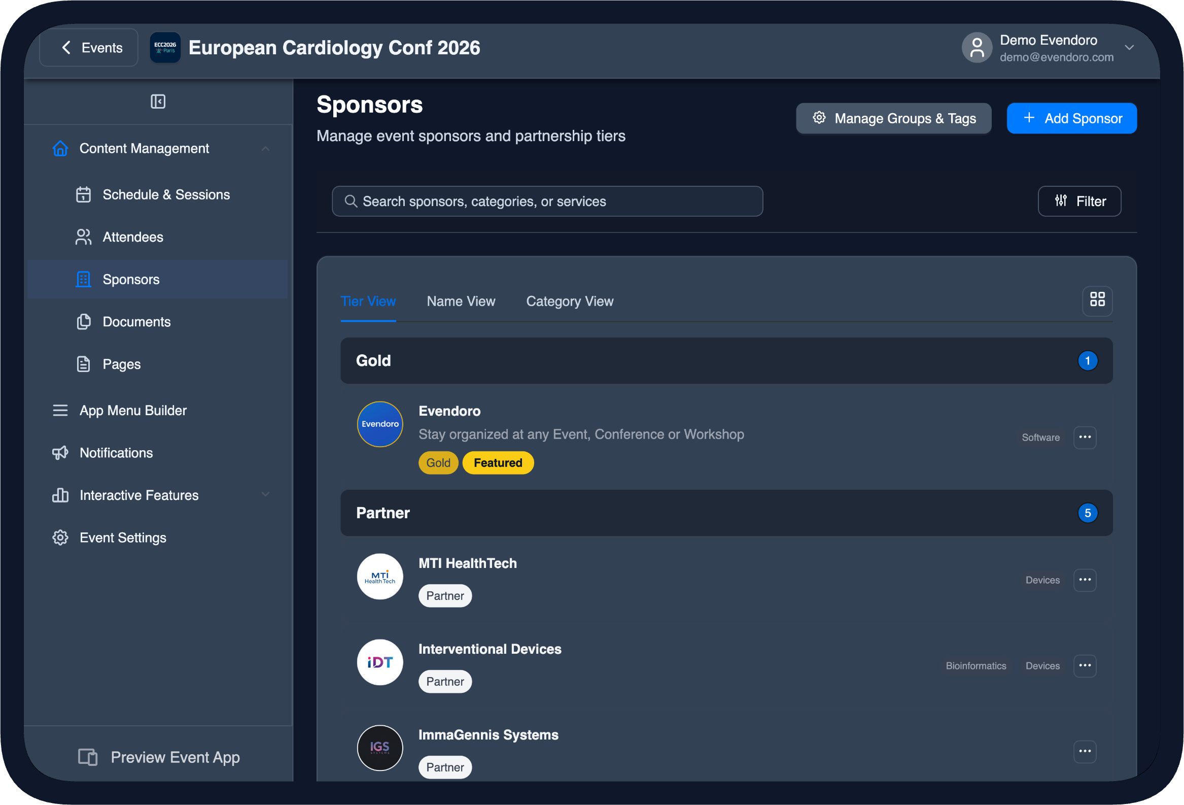 Sponsors Management in the CMS (dark theme)