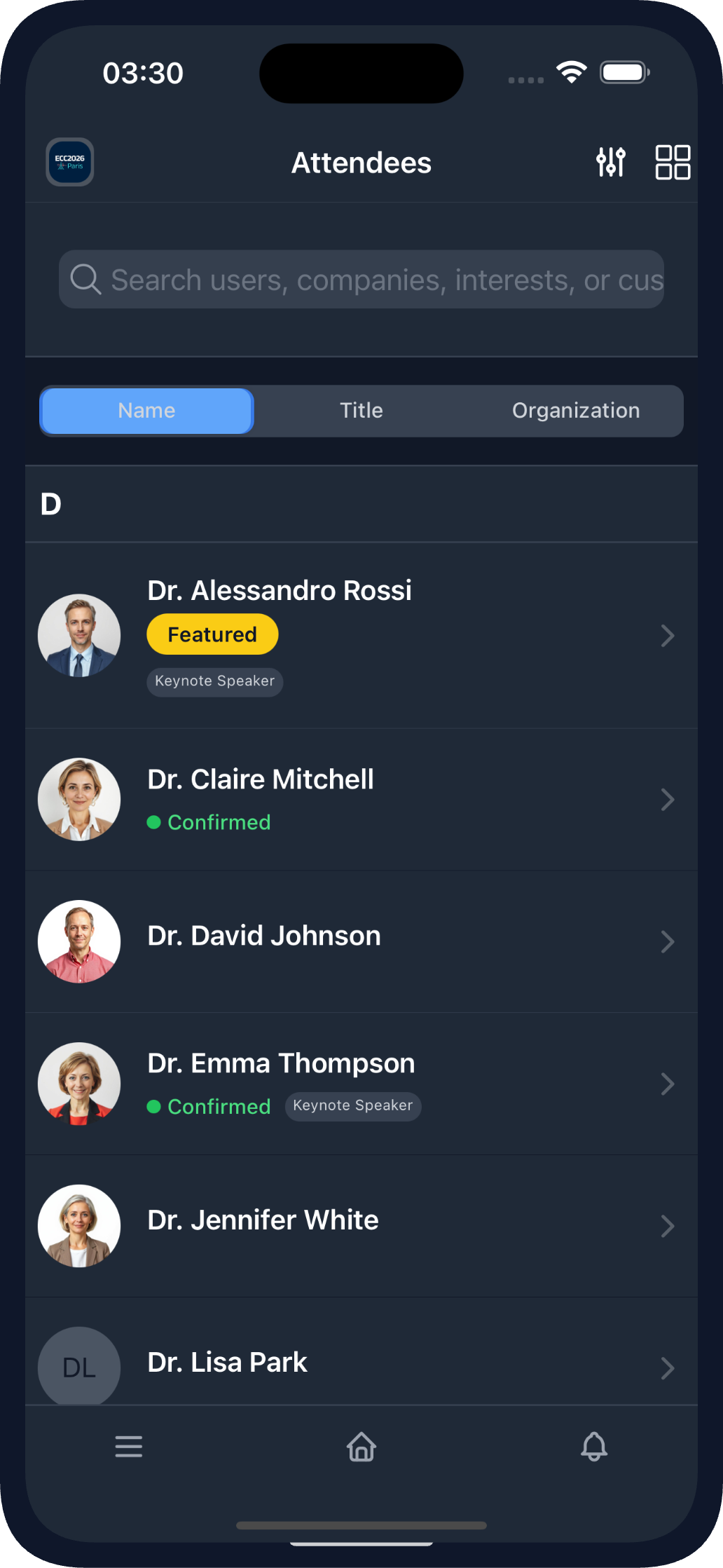 Attendees View in the Mobile App (dark theme)