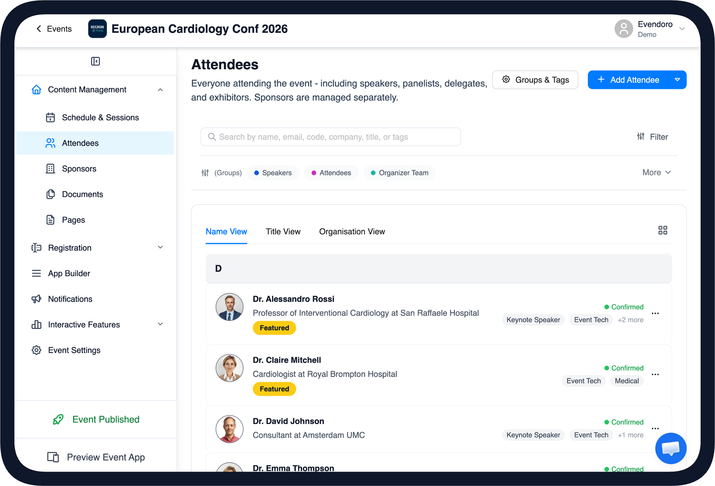 Attendee management in the Evendoro CMS