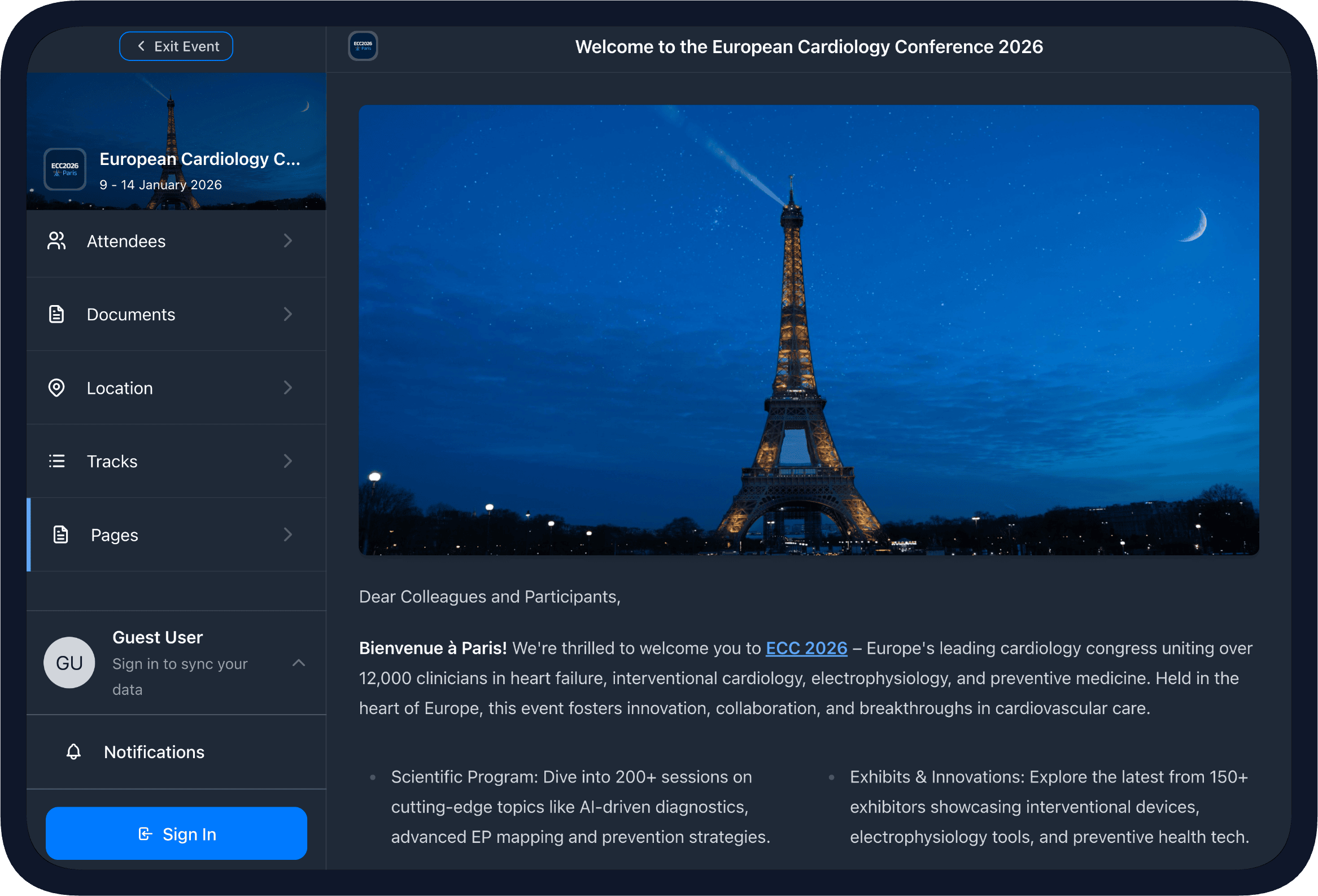 Custom event pages in the Evendoro app on a tablet