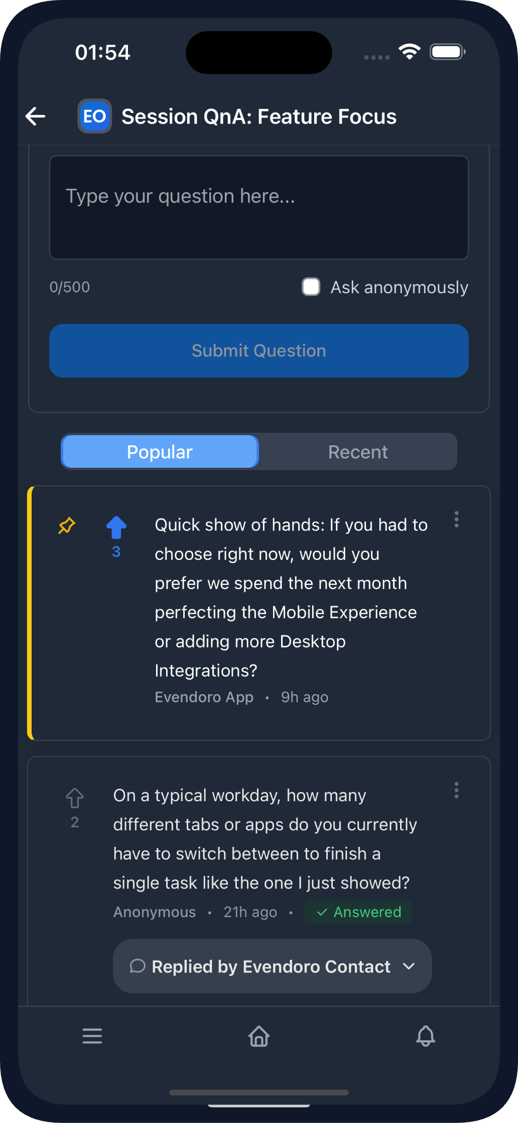 Q&A in the Mobile App (dark theme)